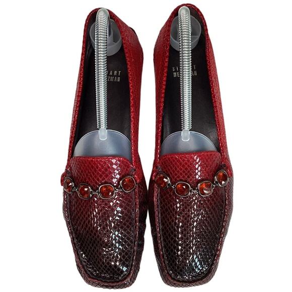 Stuart Weitzman Snakeskin Print Leather Red Jewel Loafers Red Ombre 8M Slip On - Picture 8 of 10